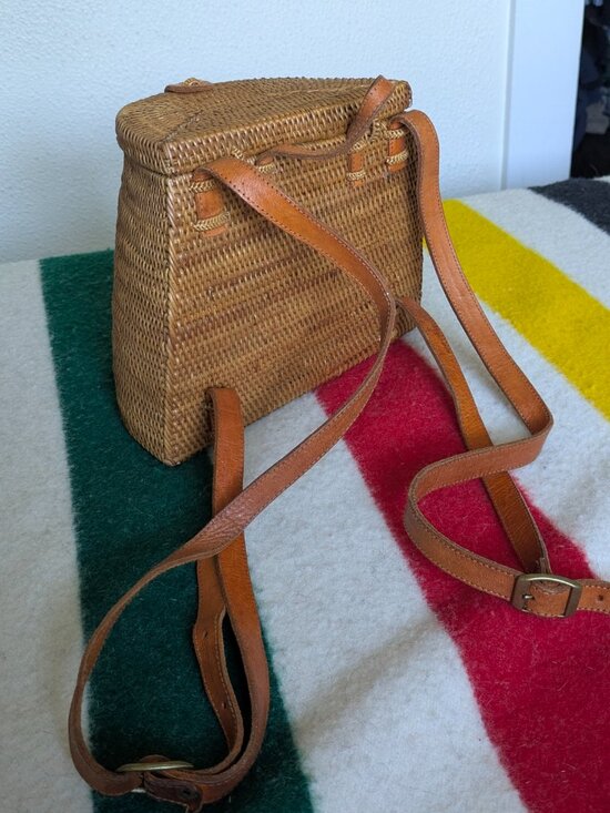 Rattan boho wicker backpack bag leather trim main image 4